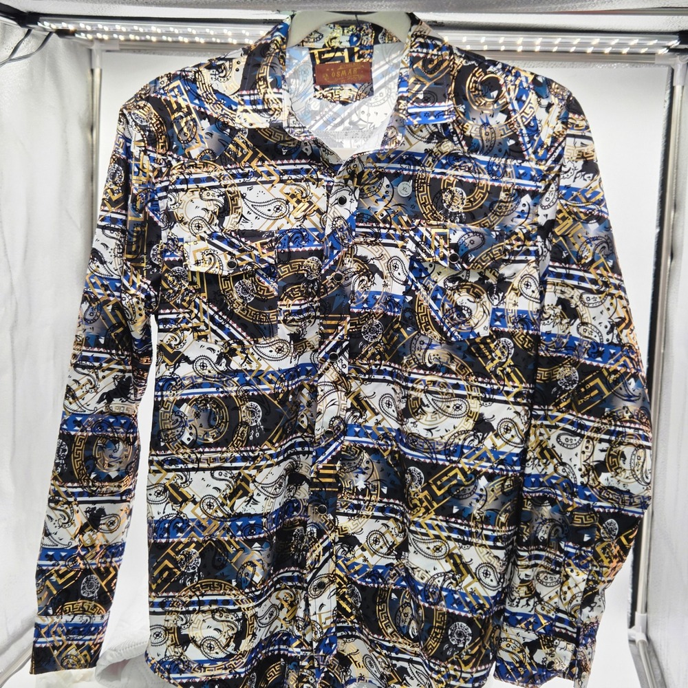 Osmar Wild West Shirt Mens XL Blue Gold Foil Baroque Paisley Snap Button Mexico